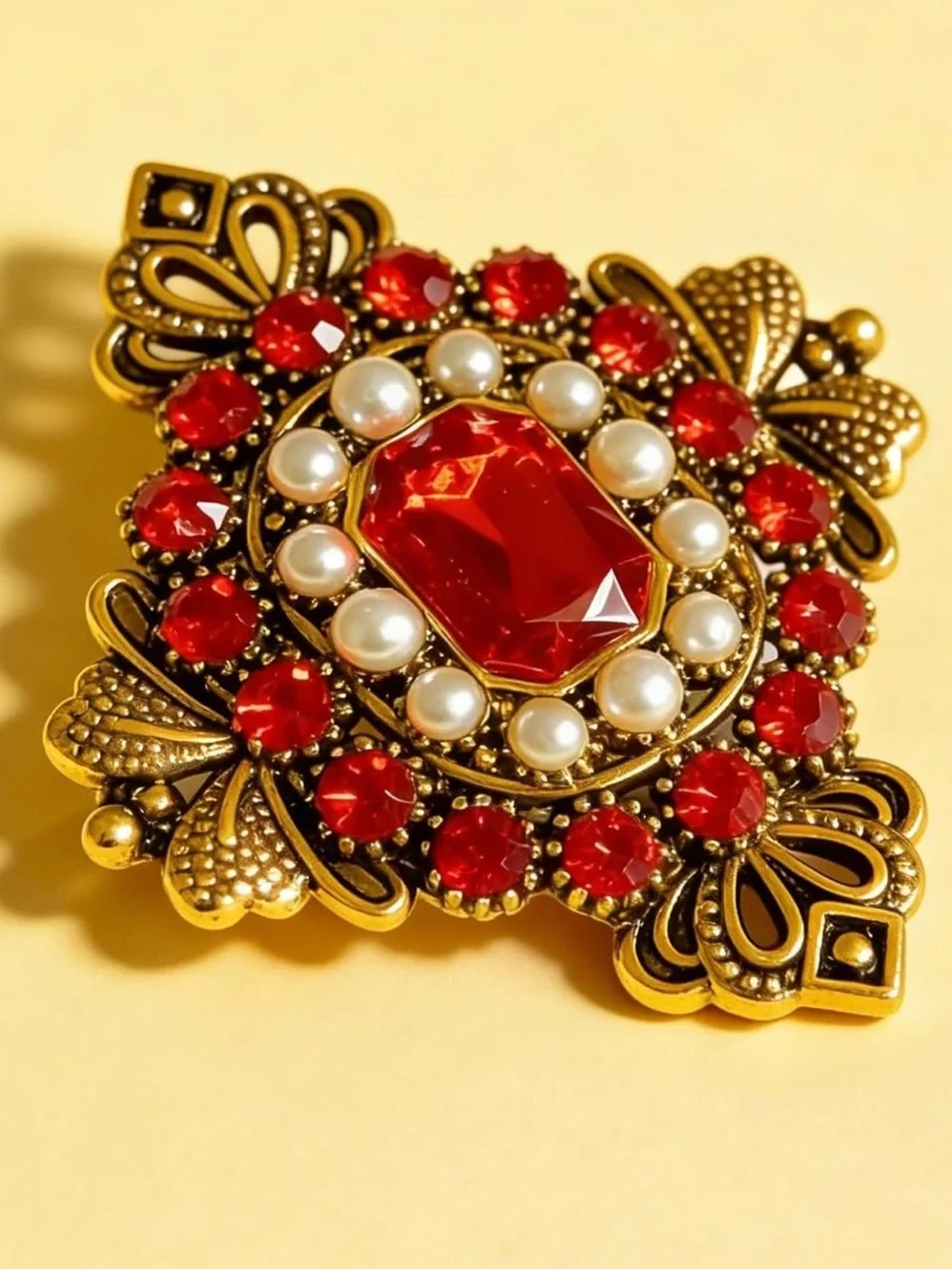 Anthropologie Gold-Tone Brooch with Red Stones and Pearl Accents
